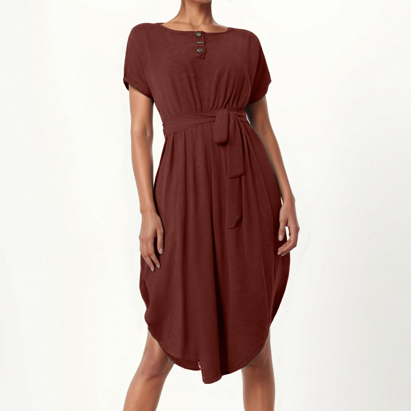thumbnail image 2 of Vestido midi con cinturón y botones para mujer: estilo informal y fluido, tejido ligero, cinturón ajustable, apto para tres estaciones, 2 of 5